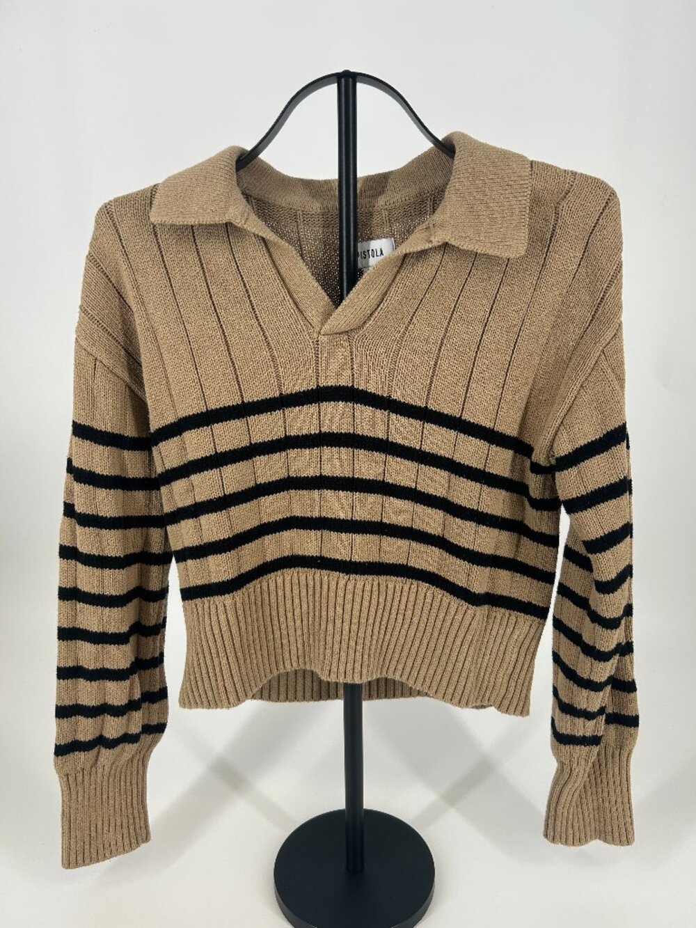 Pistola Tan V-Neck Ribbed Sweater with Black Stripes